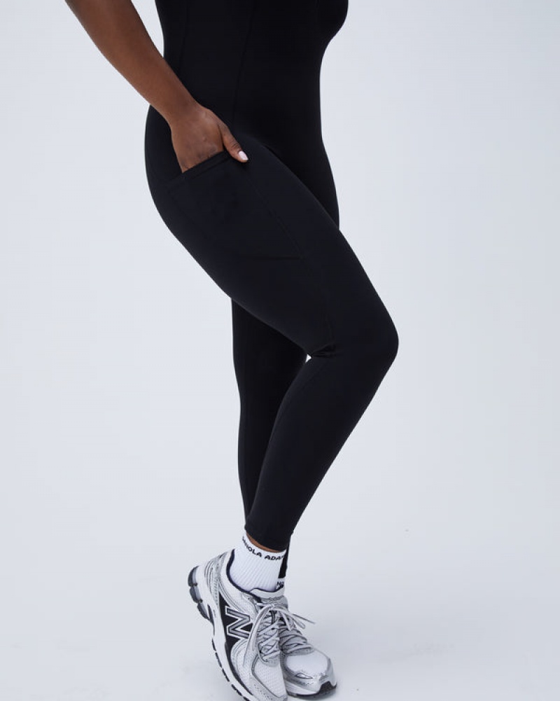 Adanola Ultimate Kurzes Sleeve Zip Front Pocket Unitard Schwarz | SN-ADA56637