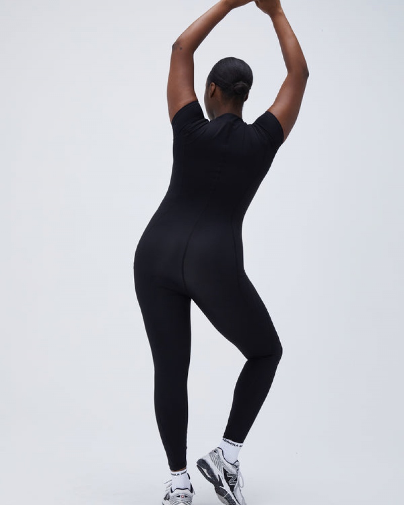 Adanola Ultimate Kurzes Sleeve Zip Front Pocket Unitard Schwarz | SN-ADA56637
