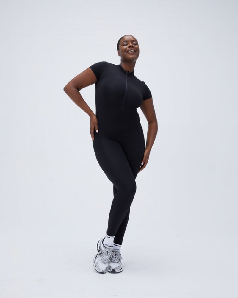 Adanola Ultimate Kurzes Sleeve Zip Front Pocket Unitard Schwarz | SN-ADA56637
