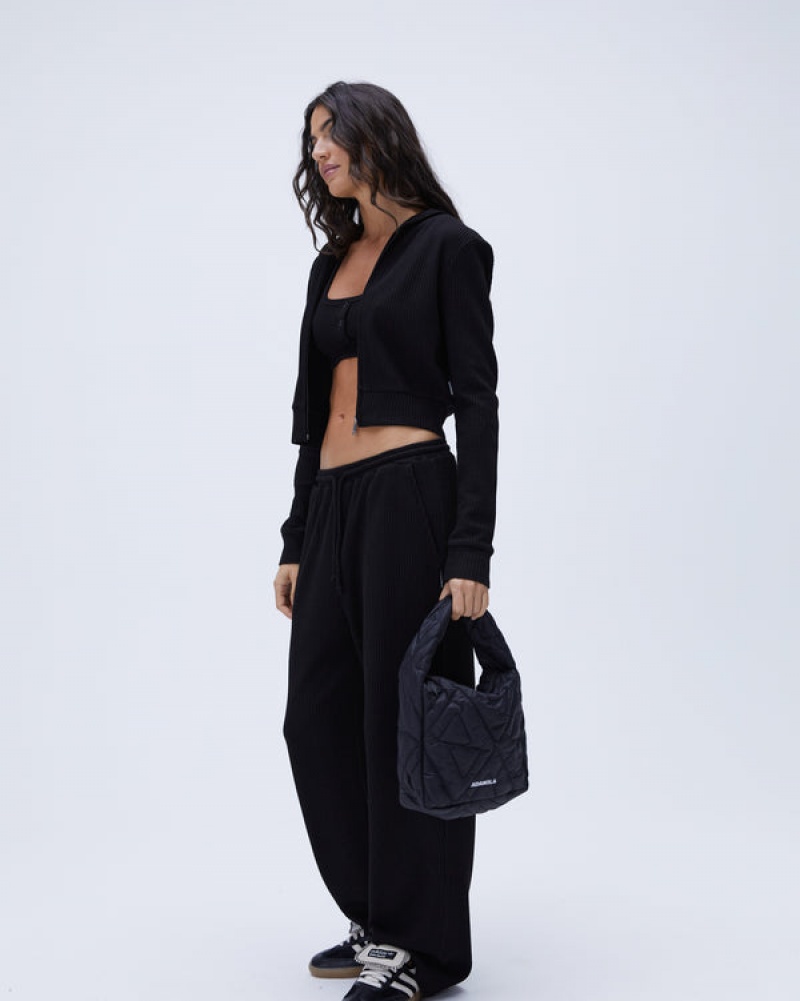 Adanola Waffle Zip Up Hoodie Schwarz | SN-ADA56525