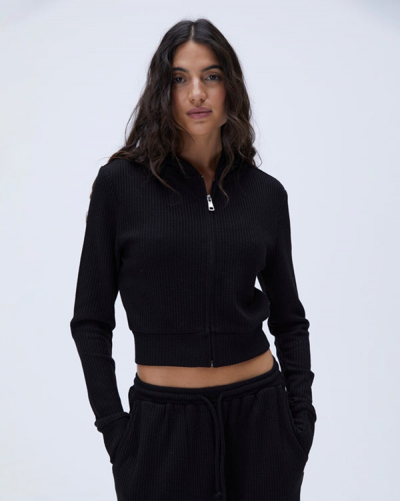 Adanola Waffle Zip Up Hoodie Schwarz | SN-ADA56525